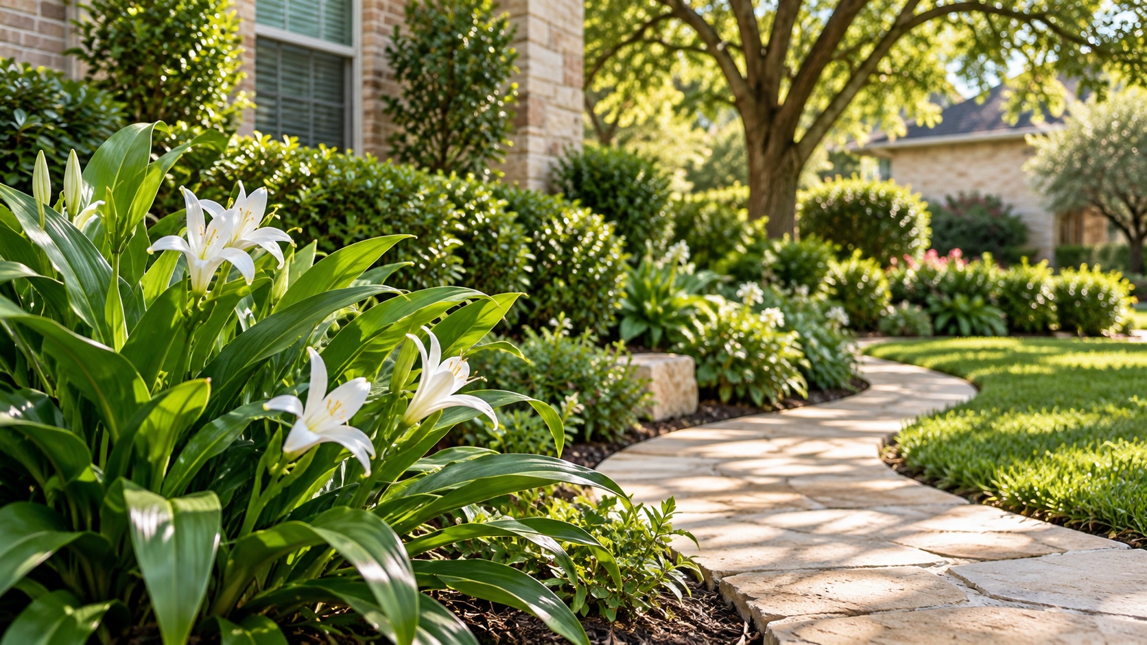Soft afternoon light across fresh green foliage beside a stone garden path